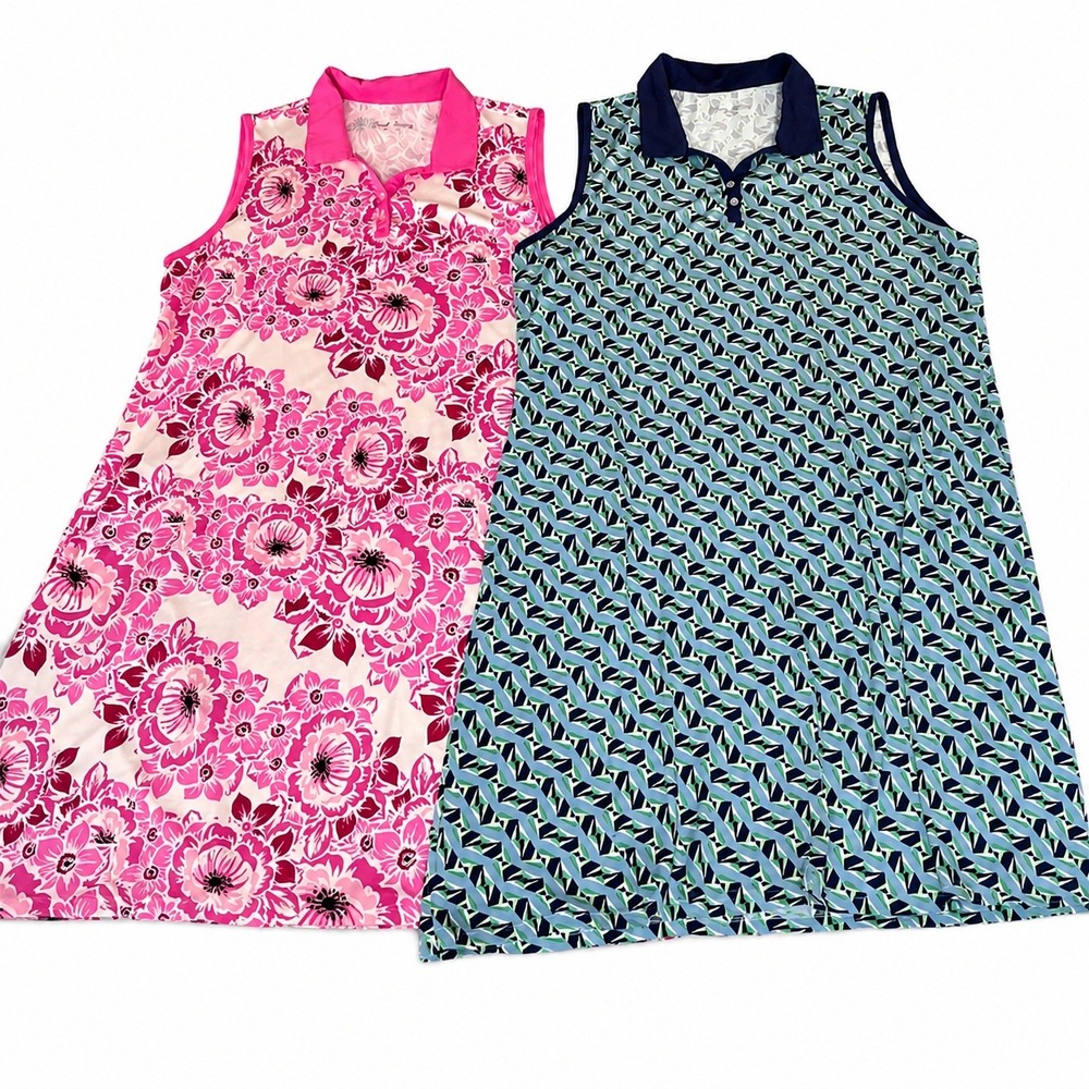 Court Haley Polo Dress Women Large Pink Blue 2 Pack Floral Geometric Sleeveless